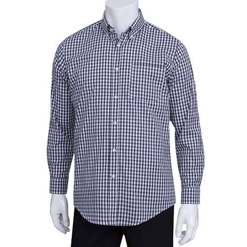 Chefworks D500-BWK-L Mens Gingham Dress Shirt - Dark Navy